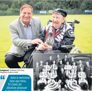  ??  ?? Delighted St Mirren CEO Tony Fitzpatric­k chats to John Flashback John’s uncle, Charlie Pringle, (front row, second left) played for Saints during the First World War