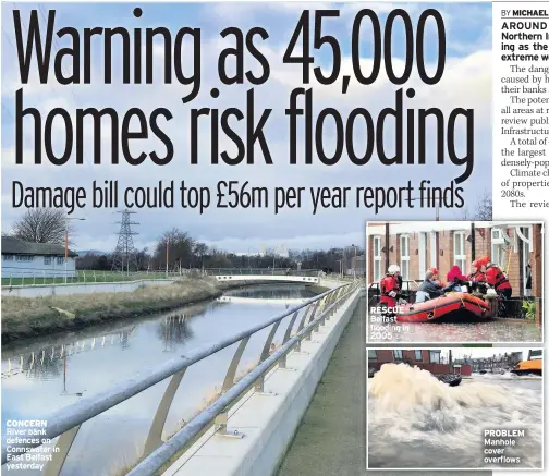  ??  ?? CONCERN River bank defences on Connswater in East Belfast yesterday RESCUE Belfast flooding in 2005 PROBLEM Manhole cover overflows