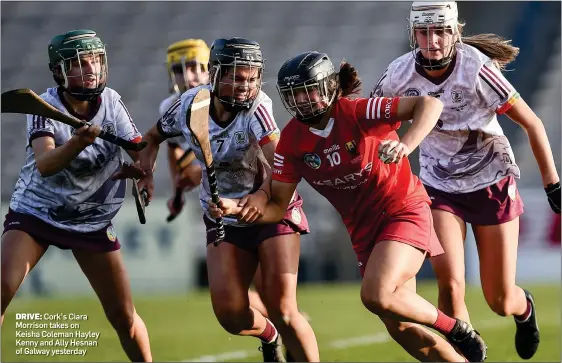  ?? ?? DRIVE: Cork’s Ciara Morrison takes on Keisha Coleman Hayley Kenny and Ally Hesnan of Galway yesterday