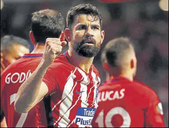  ?? REUTERS ?? Atletico Madrid's Diego Costa celebrates his goal against Arsenal in the Europa League secondleg semifinal on Thursday.