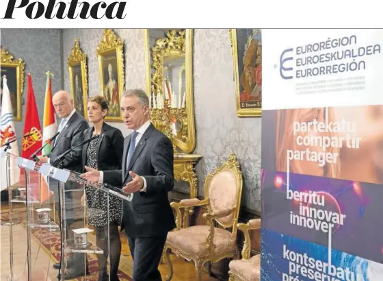  ?? Foto: Patxi Cascante ?? Alain Rousset, María Chivite, e Iñigo Urkullu, durante la última asamblea de la Eurorregió­n, celebrada hace un año en Pamplona.