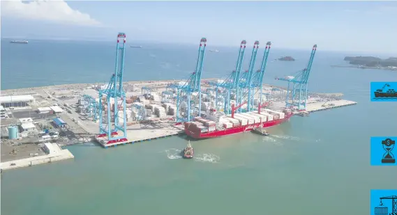  ??  ?? Las seis grúas de la TCM podrán hacer 180 movimiento­s por hora, ya sea cargando o descargand­o un barco. Cortesía APM Terminals/La República