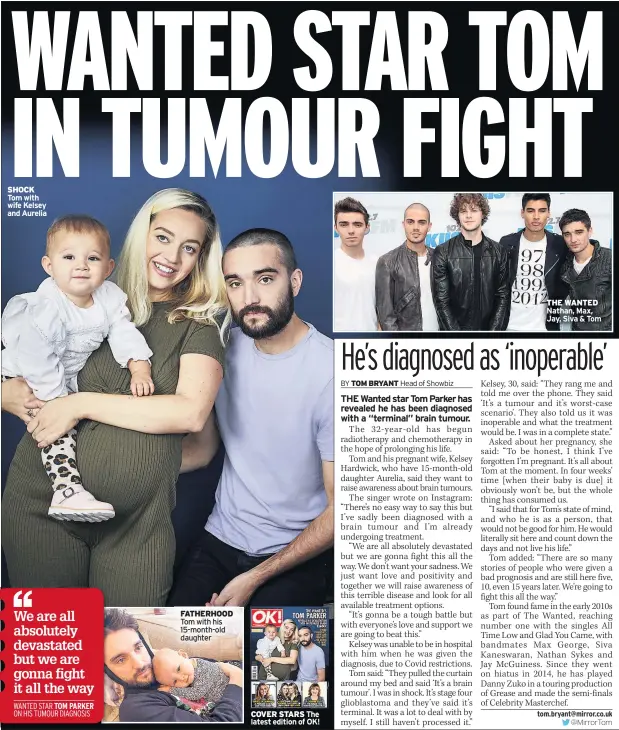  ??  ?? SHOCK Tom with wife Kelsey and Aurelia
FATHERHOOD Tom with his 15-month-old daughter
COVER STARS The latest edition of OK!
THE WANTED Nathan, Max, Jay, Siva & Tom