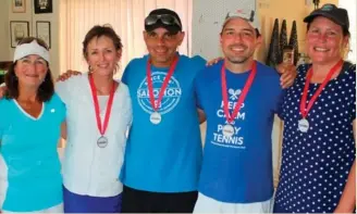  ??  ?? On the left is Debra Hyde, president of the Eden Tennis Associatio­n. With her are the B Division runners-up, from left: Janet Seegmuller, Karl Smith, Jonathan Witthuhn (captain) and Allison Nezar.