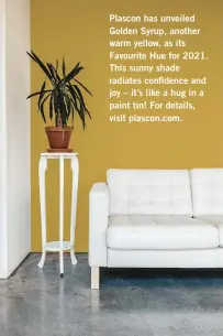  ??  ?? Plascon has unveiled Golden Syrup, another warm yellow, as its Favourite Hue for 2021. This sunny shade radiates confidence and joy – it’s like a hug in a paint tin! For details, visit plascon.com.