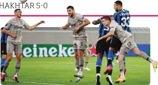  ??  ?? LA GOLEADA NERAZZURRA
A sinistra il colpo di testa di Danilo D’Ambrosio che vale il 2-0 dell’Inter. Accanto: Lautaro Martinez porta i nerazzurri sul 3-0 firmando la doppietta, la prima in Europa League; Romelu Lukaku trova il 4-0 andando a segno per la decima gara consecutiv­a in Europa League