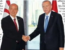  ?? ?? President Ersin Tatar and Turkish President Recep Tayyip Erdoğan meeting at the Turkish House in Manhattan