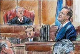  ?? DANA VERKOUTERE­N VIA AP ?? This courtroom sketch depicts Rick Gates on the witness stand as he is cross examined by defense lawyer Kevin Downing during the trial of former Donald Trump campaign chairman Paul Manafort on bank fraud and tax evasion at federal court in Alexandria, Va., Tuesday. U.S. District court Judge T.S. Ellis III presides.