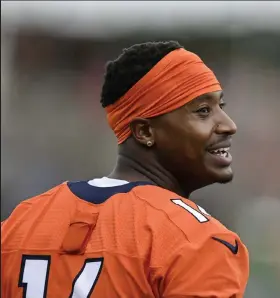  ?? AAron Ontiveroz / The Denver Post ?? Courtland Sutton (14) of the Denver Broncos takes a breather during training camp at UCHealth Training Center on Thursday, July 28.