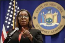  ?? KATHY WILLENS — THE ASSOCIATED PRESS FILE ?? On Aug. 6, New York State Attorney General Letitia James takes a question at a news conference in New York. Federal regulators and a group of states launched a landmark antitrust offensive against Facebook, accusing the social network of abusing its market power in social networking to crush smaller competitor­s. “It’s really critically important that we block this predatory acquisitio­n of companies and that we restore confidence to the market,” said James during a press conference announcing the lawsuit.