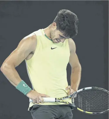  ?? ?? Carlos Alcaraz reacts to losing a point during his quarter-final defeat by Alexander Zverev