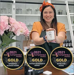  ??  ?? Winner: Former Kyabram student and business mum Ebony Flett took out gold in the Handmade Business, Creative Entreprene­ur and the Rising Star for Victoria and Tasmania categories at the annual Ausmumpren­eur awards.