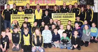  ??  ?? South Sligo AC athletes with Shane Haran, the Fastest Kid in the World. Pic: Louise Kilbane.