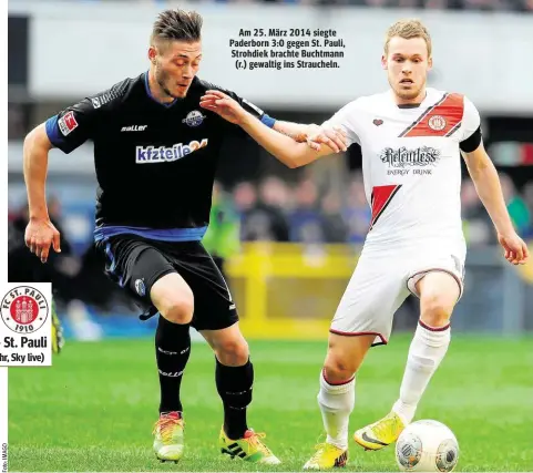  ??  ?? Am 25. März 2014 siegte Paderborn 3:0 gegen St. Pauli, Strohdiek brachte Buchtmann (r.) gewaltig ins Straucheln.