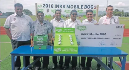  ?? Photo: Peni Komaisavai ?? From left; Fiji FA CEO Mohammed Yusuf , vice president Jitendra Kumar, INKK Mobile operations manager Amitesh Narayan, Fiji FA vice president Yogeshwar Singh, sales manager Pravendra Shankar, national coach Christophe Gamel at Churchill Park in Lautoka...