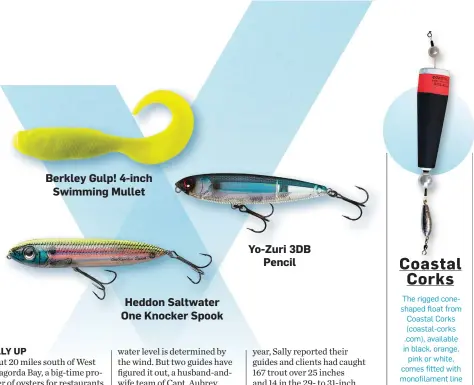  ??  ?? Berkley Gulp! 4-inch Swimming Mullet Heddon Saltwater One Knocker Spook Yo-zuri 3DB Pencil