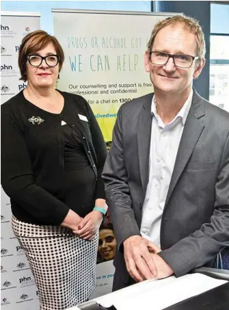  ?? PHOTO: NEV MADSEN ?? NEW PROGRAM: Simone Finch, CEO Darling Downs West Moreton Primary Health Network and Mitchell Giles, CEO of Life Lived Well at the launch of the Life Back program.