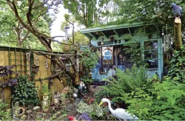  ??  ?? Clockwise from main: Bill Oddie with one of his fake owls which fail to keep the birds away; part of the halftennis court sized ‘ludicrous’ garden; the resin gorilla; one of the fake birds which inhabits the space