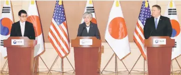  ??  ?? Pompeo, Kyung-wha and Kono attend a joint news conference at the Foreign Ministry in Seoul, South Korea. — Reuters photo