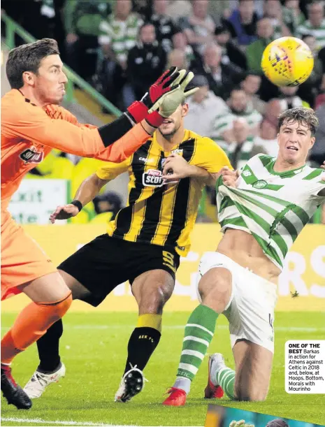  ??  ?? ONE OF THE BEST Barkas in action for Athens against Celtic in 2018 and, below, at Hoops. Bottom, Morais with Mourinho