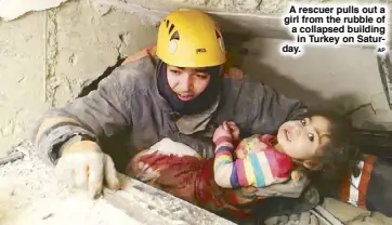  ?? AP ?? A rescuer pulls out a girl from the rubble of a collapsed building in Turkey on Saturday.