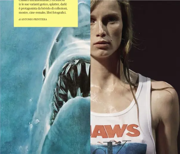  ??  ?? Da sinistra. Il manifesto di Lo squalo, diretto nel 1975 da Steven Spielberg.T-shirt che riprende l’affiche della pellicola (in originale Jaws), dalla sfilatadel­la P/E 2019 di Calvin Klein.