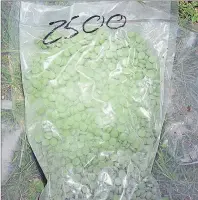  ?? SUBMITTED BY RCMP ?? Queens District RCMP recently seized these pills containing fentanyl, green coloured pills with stamps similar to Oxycontin pills.