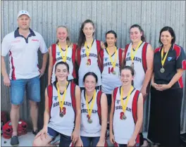  ??  ?? SUCCESS: Horsham Hornets’ under-16 girls team members and coaches celebrate winning a division one title at Naracoote. From left, back, Damien Kilpatrick, Stephanie Glover, Lavinia Fox, Elizabeth Crocker, Kate Sleep and Sally Bryan; and front, Molly...
