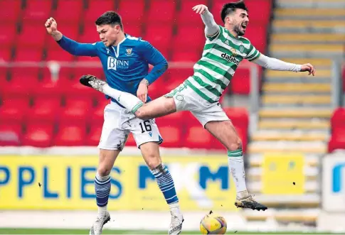  ??  ?? MAD MINUTES: Liam Gordon, top, was disappoint­ed by Celtic defeat; Glenn Middleton challenges Greg Taylor.