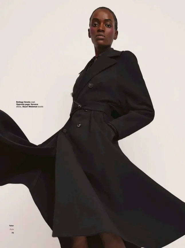  ??  ?? Bottega Veneta coat. Opposite page: Versace dress, Stuart Weitzman boots