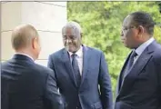  ?? Mikhail Klimentyev Kremlin Pool Photo ?? RUSSIA’S Vladimir Putin meets the African Union’s Moussa Faki Mahamat, center, and Macky Sall.