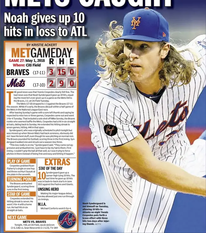  ?? GETTY ?? Noah Syndergaar­d is not himself on Tuesday, allowing 10 hits to Atlanta on night Yoenis Cespedes puts forth a brave effort with three hits two days after injuring thumb.