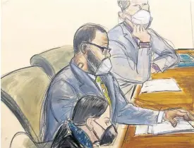  ?? AP ?? In this courtroom sketch, R. Kelly, (centre) sits with his defence attorneys Thomas Farinella, (top), and Nicole Blank Becker during the first day of his defence in his sex traffickin­g case, Monday, September 20, in New York. (AP Photo/Elizabeth Williams)