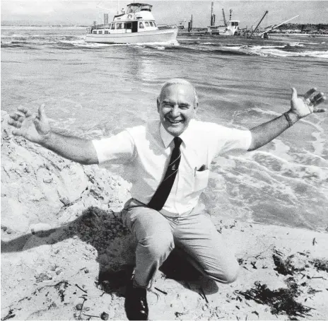  ??  ?? Bill Laver celebrates the opening of the Gold Coast Seaway in 1986; (below from left) Russ Hinze, Denis O’Connell, Doug Jennings and Bill Laver were on hand as the heavy machinery rolled in for the project two years earlier; and (right) Bill Laver in 2015.