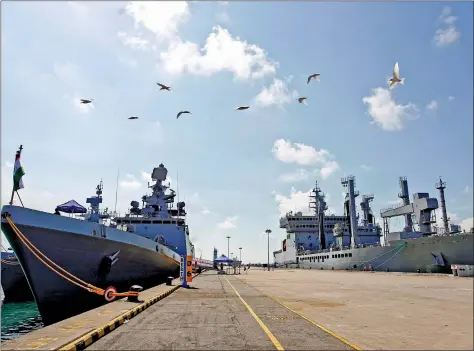  ?? REUTERS ?? Indian Navy Ships Kamorta, Sahyadri and Shakti, are seen docked in Changi Naval Base during a visit to Singapore, on Thursday.