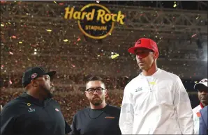  ?? MADDIE MEYER/GETTY IMAGES/TNS ?? Head coach Kyle Shanahan of the San Francisco 49ers reacts after losing to the Chiefs 31-20 in Super Bowl LIV at Hard Rock Stadium on Feb. 2 in Miami, Fla.