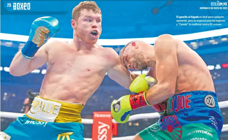  ?? FOTO:AFP ?? El gancho al hígado es letal para cualquier oponente, pero en especial para los ingleses y “Canelo” lo confirmó contra BJ.