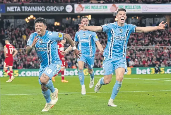  ?? ?? Coventry City’s Gustavo Hamer (left) celebrates scoring against Middlesbro­ugh during the Sky Bet Championsh­ip play-off semi-final second leg match at the Riverside Stadium.