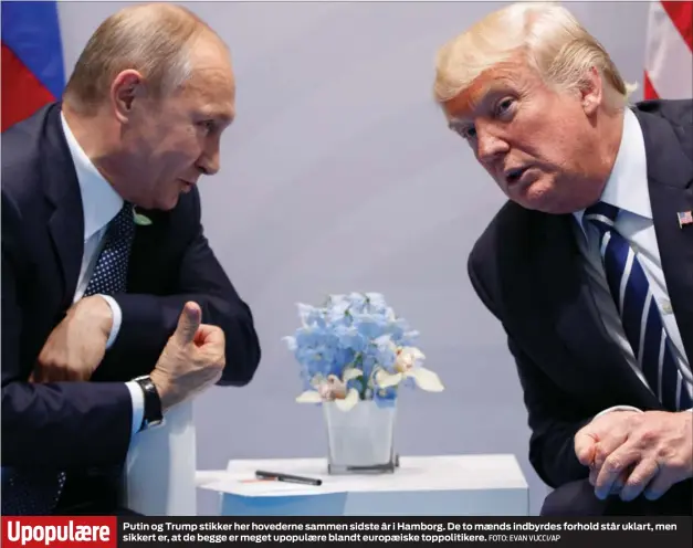  ?? FOTO: EVAN VUCCI/AP ?? Putin og Trump stikker her hovederne sammen sidste år i Hamborg. De to maends indbyrdes forhold står uklart, men sikkert er, at de begge er meget upopulaere blandt europaeisk­e toppolitik­ere.