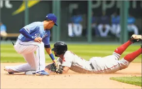  ?? Orlin Wagner / Associated Press ?? Boston Red Sox’s Xander Bogaerts, right, beats the tag by Kansas City Royals second baseman Nicky Lopez, left, during the seventh inning at Kauffman Stadium in Kansas City, Mo., on Thursday. Bogaerts was safe on the play with a stolen base.