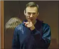  ?? BABUSKINSK­Y DISTRICT COURT PRESS SERVICE VIAAP ?? Russian opposition leader Alexei Navalny gestures during a court hearing in Moscow in February.