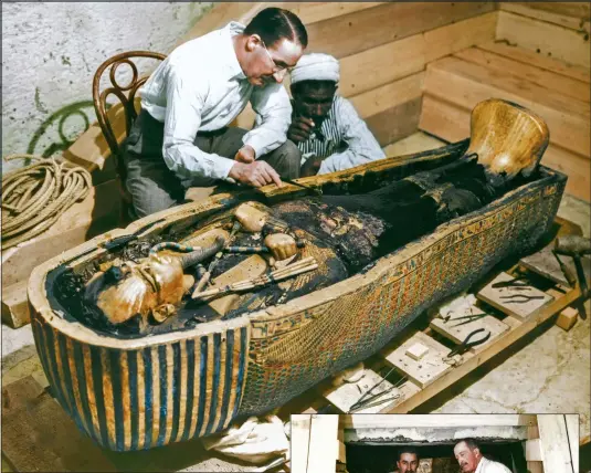  ??  ?? GOLDEN AGE: Howard Carter and a colleague carefully clean perfumed resin from the coffin and, left, the exquisite death mask