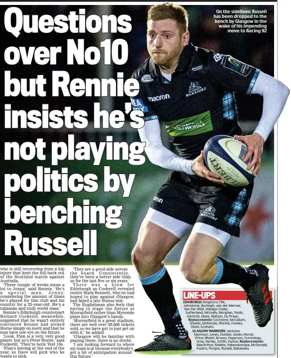  ??  ?? On the sidelines: Russell has been dropped to the bench by Glasgow in the wake of his impending move to Racing 92