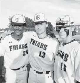  ?? GLENN GRAHAM/BALTIMORE SUN ?? Archbishop Curley’s James Gladden, from left, Ryan Edmonds and John Petryszak and their teammates stayed in contention for the No. 2 seed in the MIAA A Conference playoffs after a 3-2 victory over Calvert Hall on Thursday.