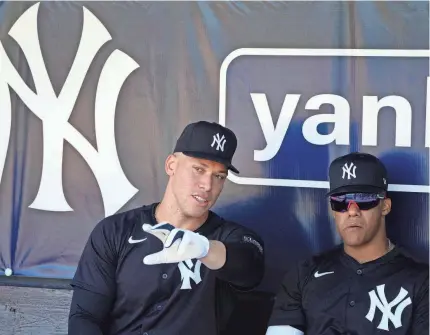  ?? CHARLIE NEIBERGALL/AP ?? Aaron Judge and Juan Soto hope to lead the Yankees to a better AL East finish after 2023.