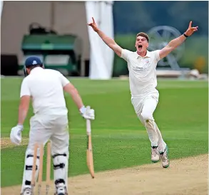  ?? PICTURE: @ajlphotogr­ahy9 ?? Bath Cricket Club’s James Arney celebrates a wicket during the National Club Championsh­ip final