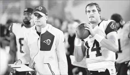  ?? Wally Skalij Los Angeles Times ?? ROOKIE QUARTERBAC­K Jared Goff, left, might soon leave the sidelines and take over as the starter for the struggling Rams.