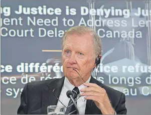  ?? CP PHOTO ?? Senate Committee on Legal and Constituti­onal Affairs Chair Senator Bob Runciman listens to a speaker after releasing the committee’s final report on court delays in Canada during a news conference in Ottawa. Wednesday.