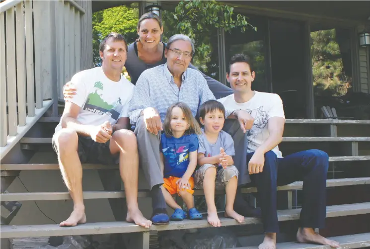  ??  ?? Michael Kovrig, left, at his sister Ariana’s east-end toronto home, with father Bennett, nephews Kai and Sebastian, and brother-in-law tim Botha.