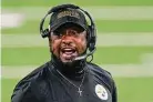  ?? Associated Press ?? Pittsburgh Steelers coach Mike Tomlin talks to players on the sidelines against the New York Giants in East Rutherford, N.J., in 2020.